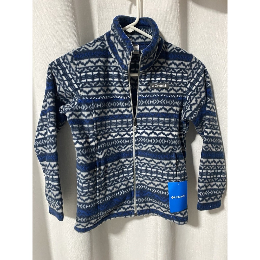 Columbia Zing III Fleece Jacket Youth S Blue White Geometric Full Zip Coat NEW